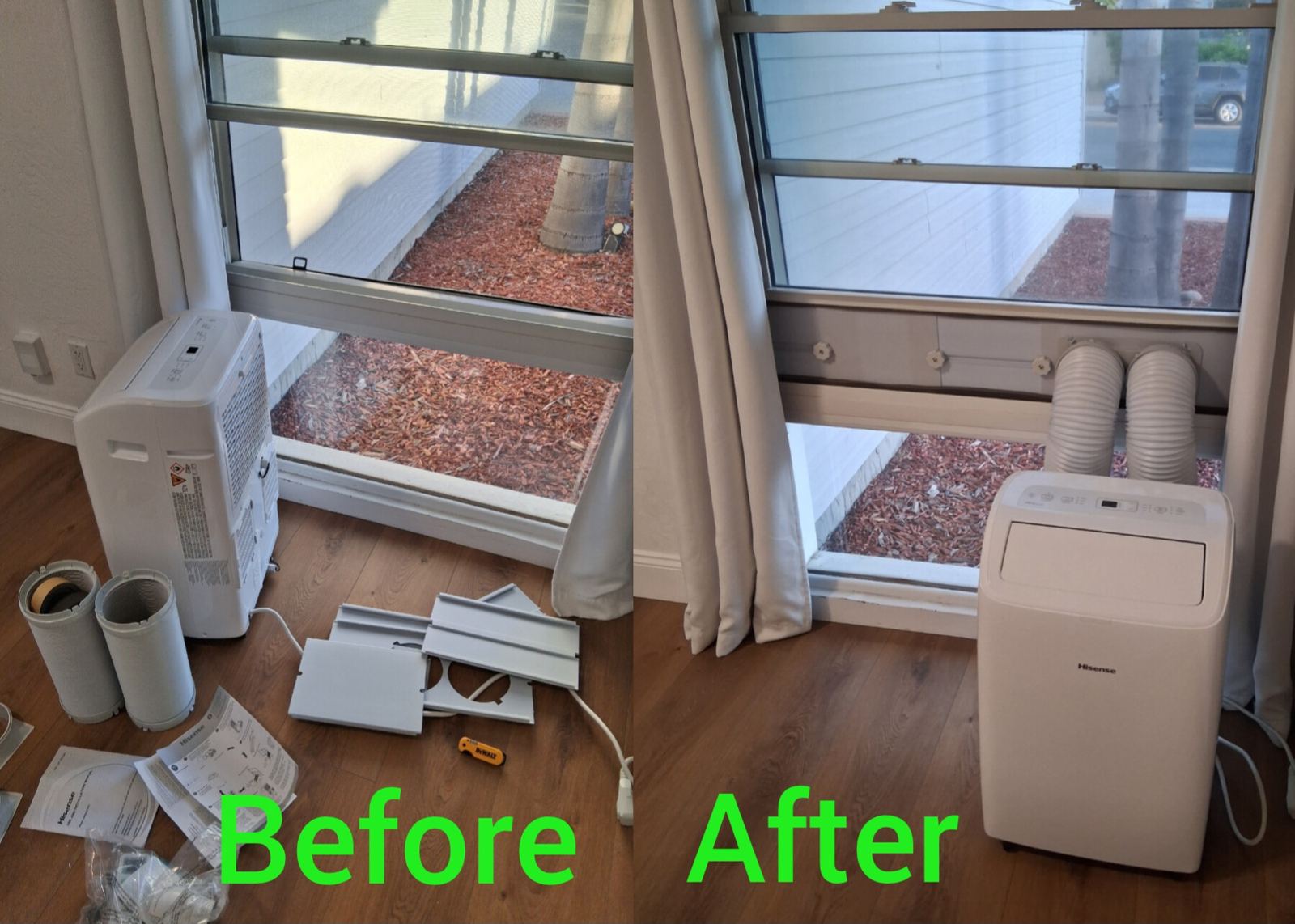 Portable AC unit installed with window vent kit