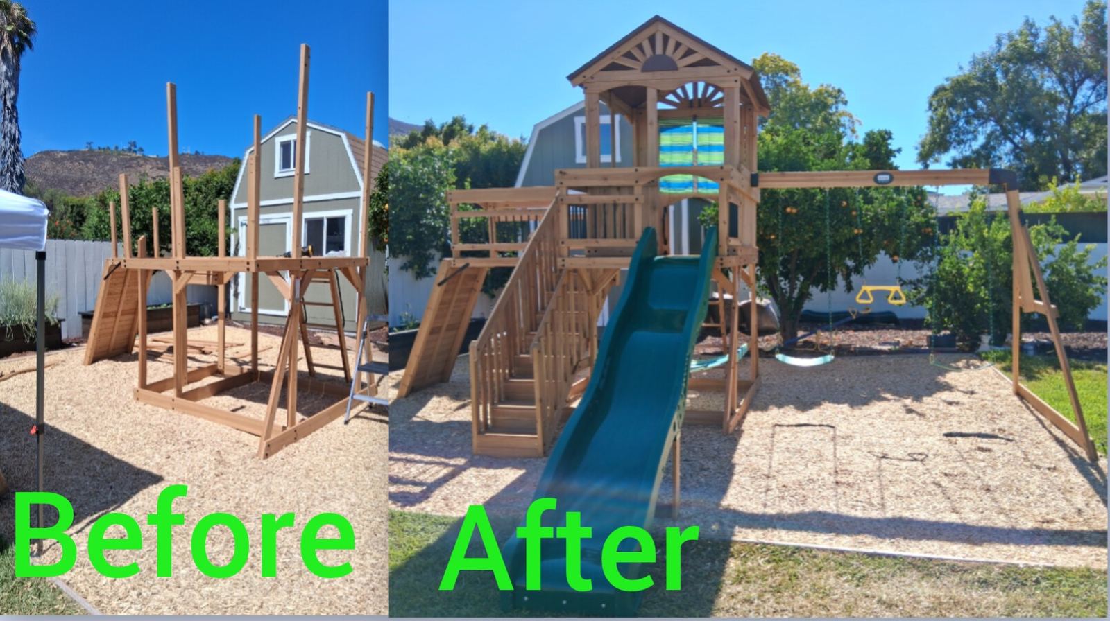 Backyard wooden playset assembled with slide and swings
