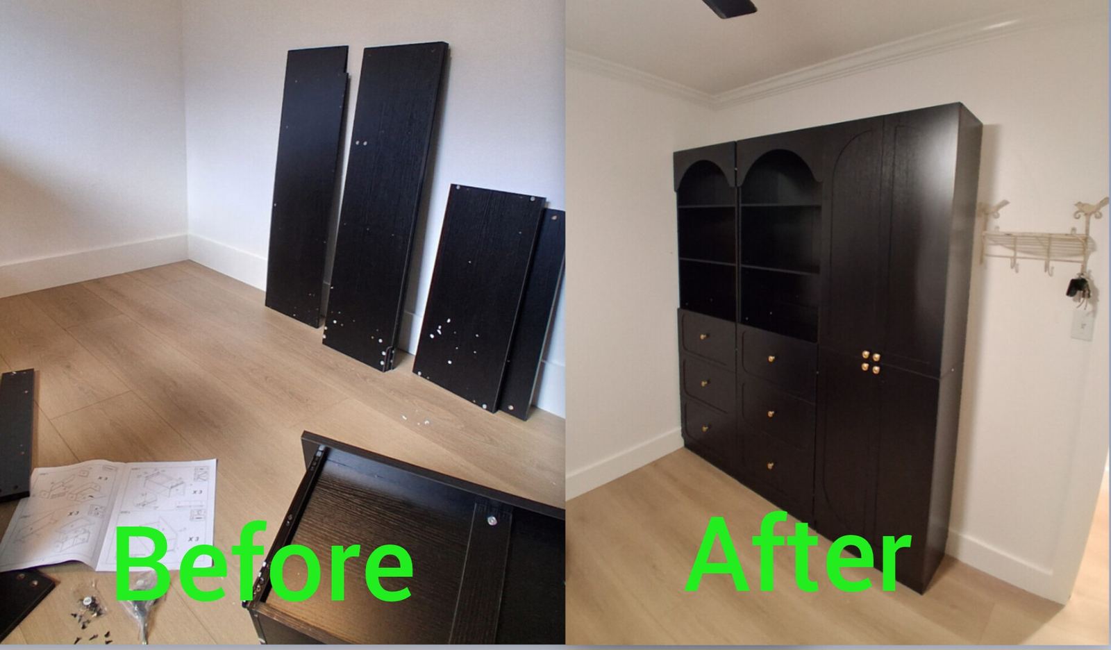 Dark wood wardrobe with drawers fully assembled