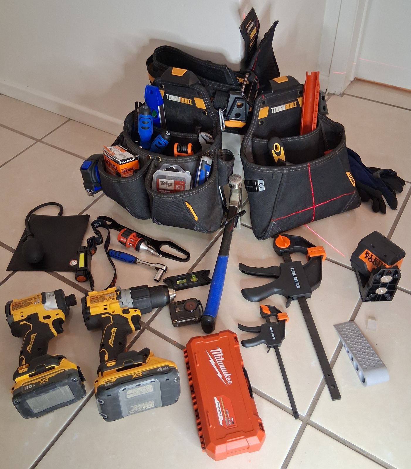 Professional tool belt and power tools laid out