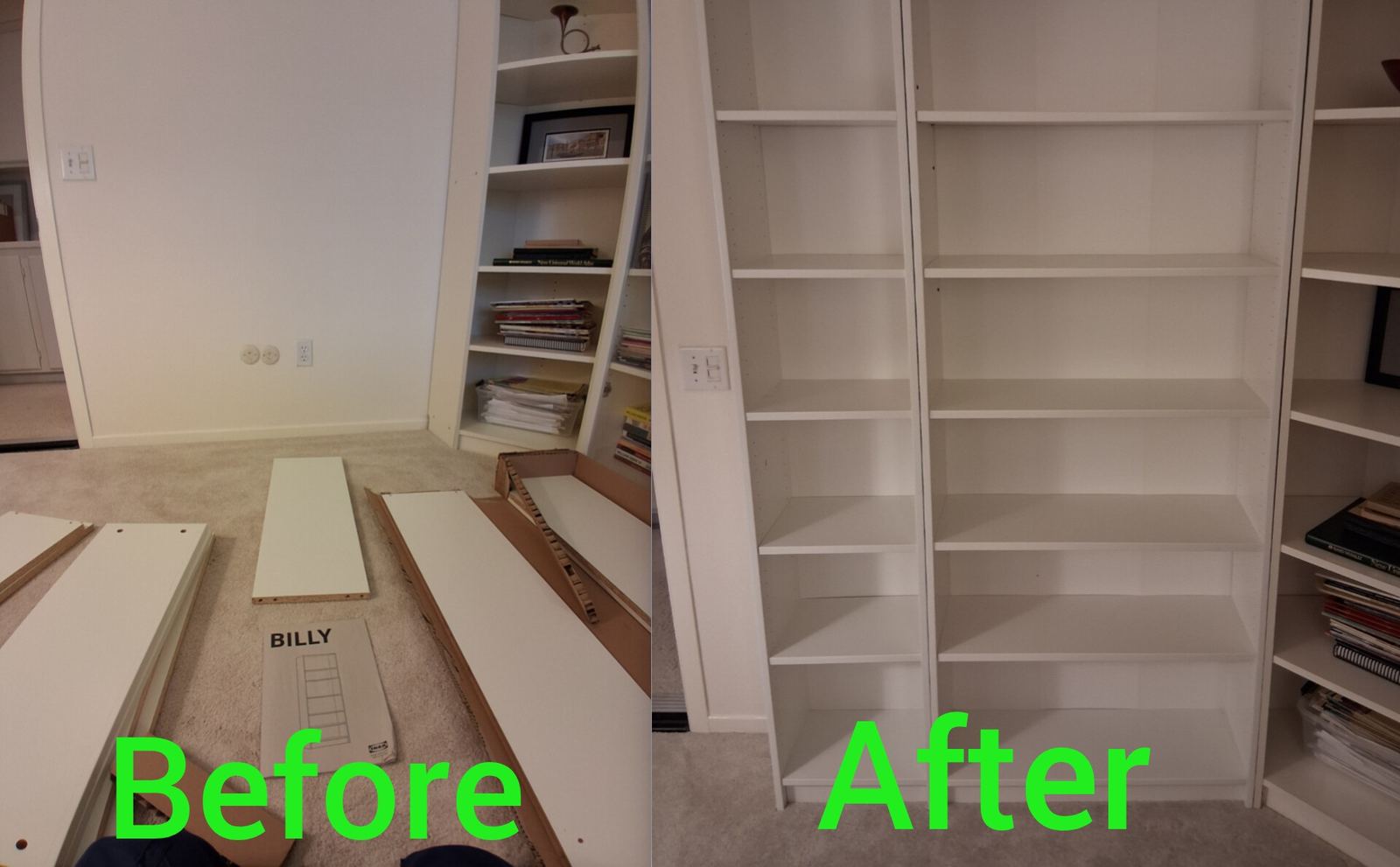 Tall bookcase assembled and installed against wall